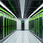**

A modern, green data center interior. Focus on energy-efficient hardware (SSDs, low-power CPUs) and smart cooling systems. Solar panels are visible on the roof. The overall impression should be clean, technologically advanced, and environmentally conscious.

**