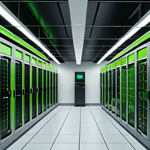 Home 11 **
A modern, green data center interior. Focus on energy-efficient hardware (SSDs, low-power CPUs) and smart cooling systems. Solar panels are visible on the roof. The overall impression should be clean, technologically advanced, and environmentally conscious.
**