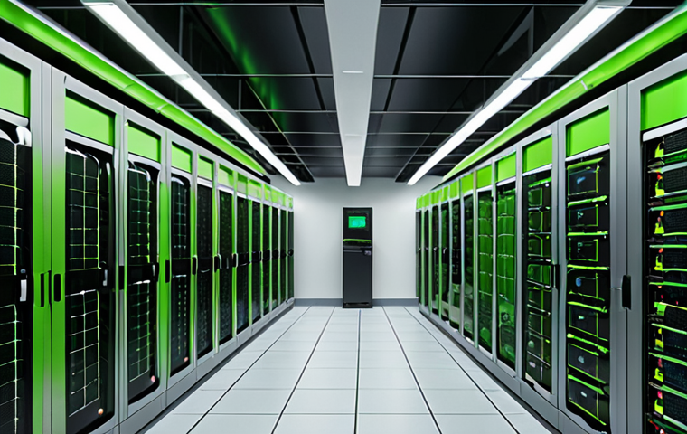 **

A modern, green data center interior. Focus on energy-efficient hardware (SSDs, low-power CPUs) and smart cooling systems. Solar panels are visible on the roof. The overall impression should be clean, technologically advanced, and environmentally conscious.

**